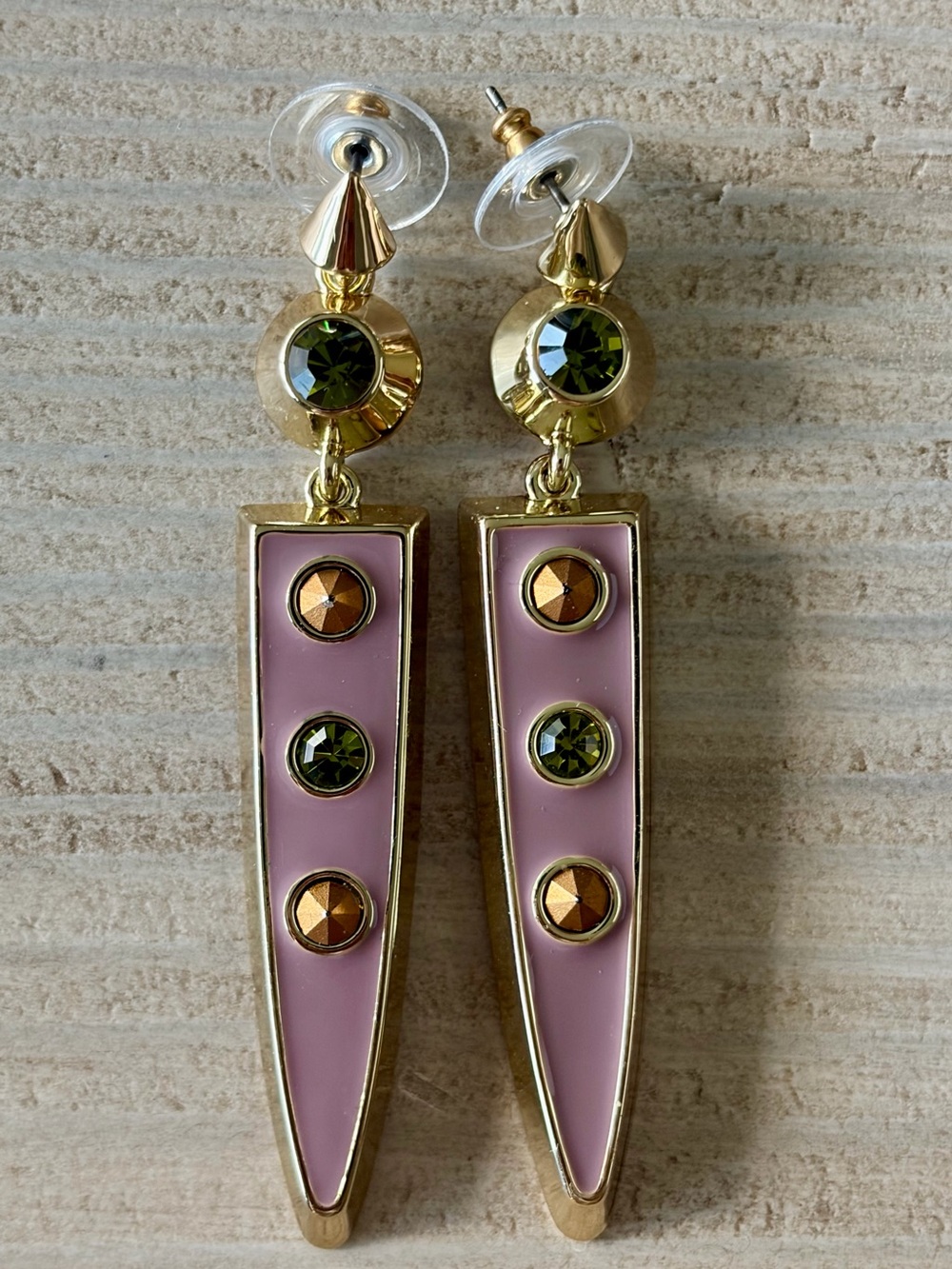JEWELMINT VINTAGE PINK ENAMEL SPIKE DANGLE EARRINGS GOLD TONE GREEN CRYSTAL 2.75